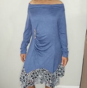 Blue Off-Shoulder Dress with Lace Trim